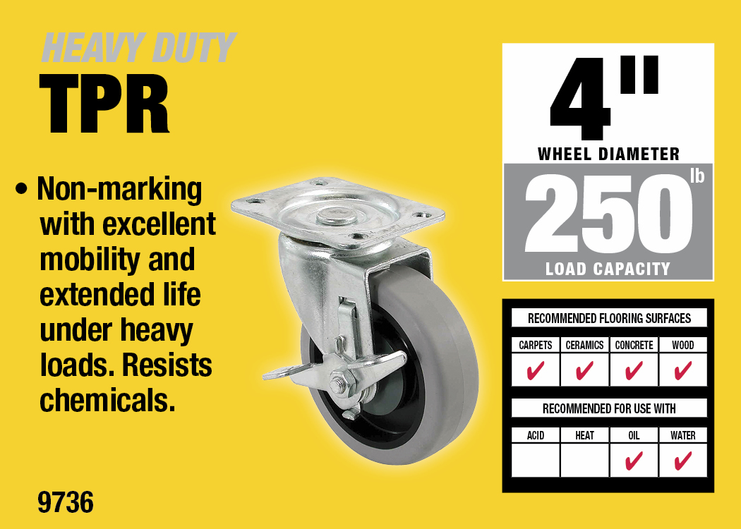 400 Series 4-Inch Swivel Plate TPR Caster with Brake, 250-lb Load Capacity