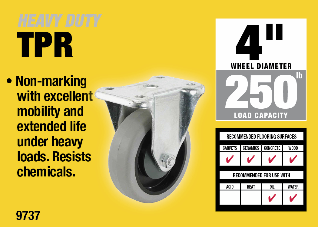 400 Series 4-Inch Rigid Plate Caster, Rubber Wheel, 250-lb Load Capacity