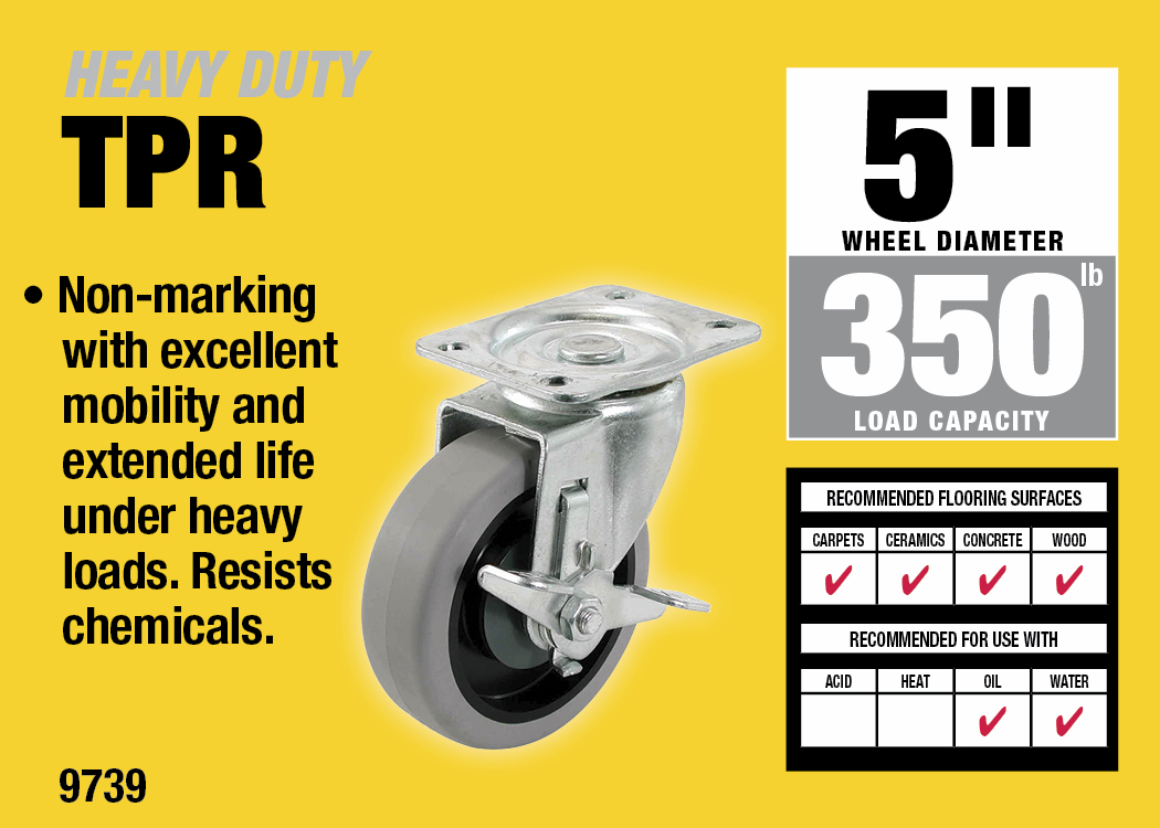 5-Inch Thermoplastic Swivel Caster with Brake, 350-lb Load Capacity