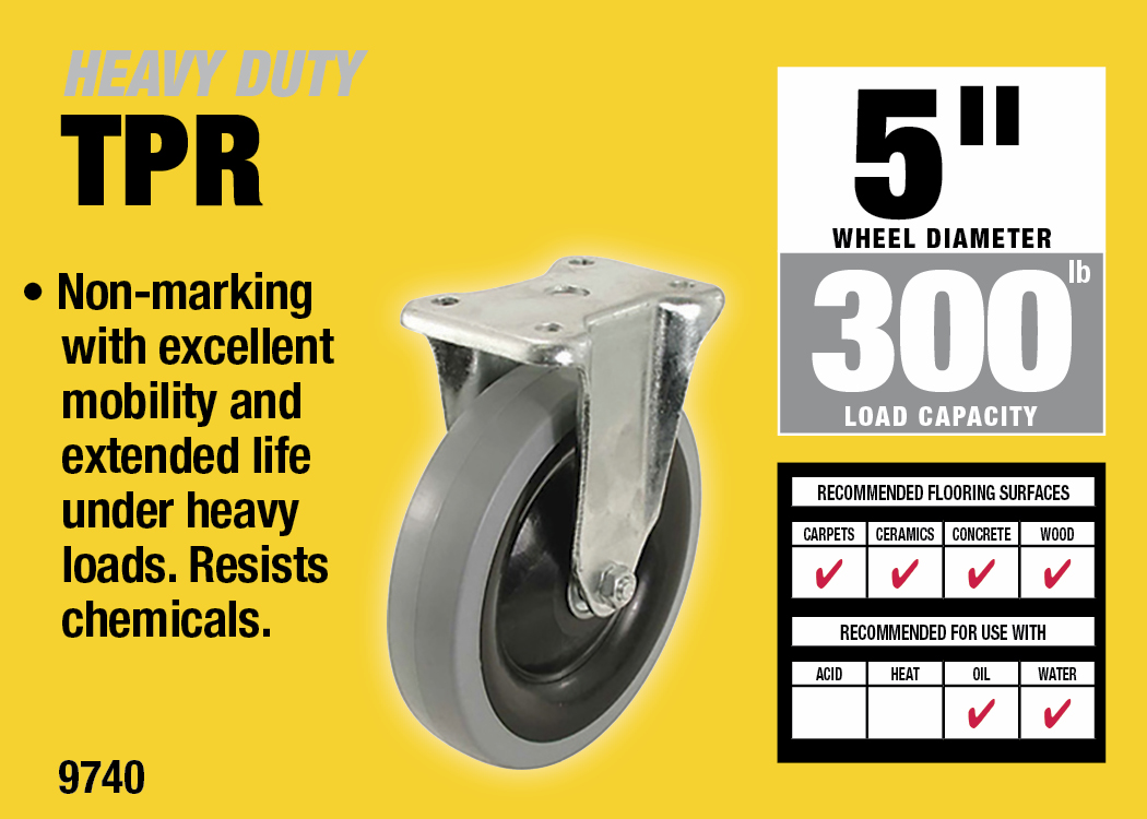 400 Series 5-Inch Rigid Plate TPR Caster, 300-lb Load Capacity