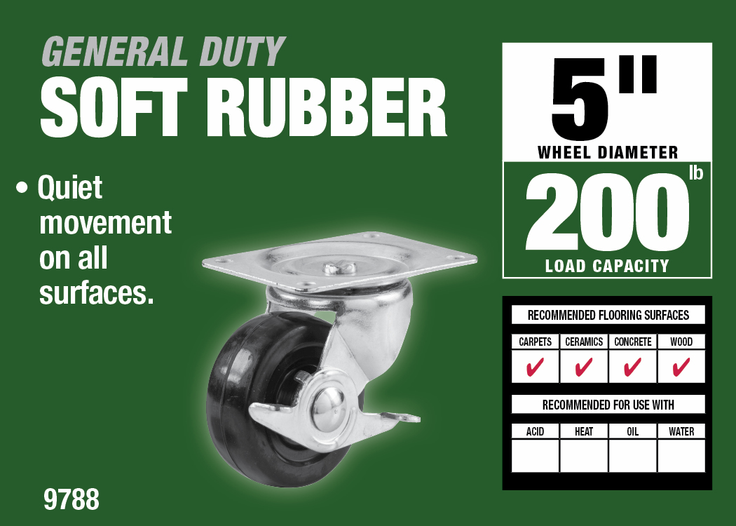 5-Inch Rubber Swivel Plate Caster with Side Brake, 200-lb Load Capacity
