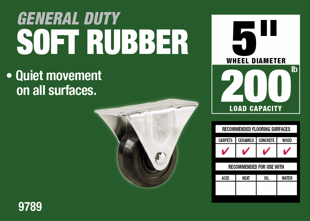 5-Inch Rubber Rigid Plate Caster, 200-lb Load Capacity