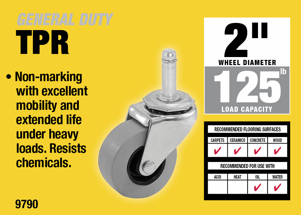 2-Inch Swivel Stem TPR Caster, 7/16-Inch Stem Diameter, 125-lb Load Capacity