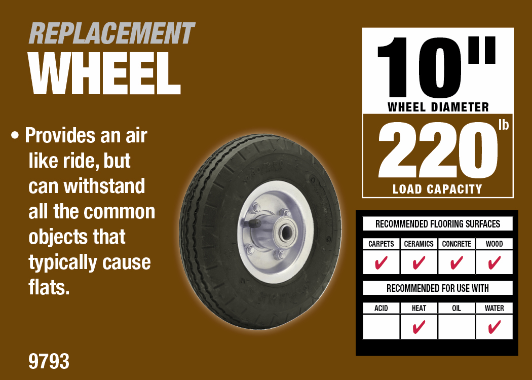 10-Inch Pneumatic Caster Wheel, Steel Hub with Ball Bearings, 5/8-Inch Bore Centered Axle