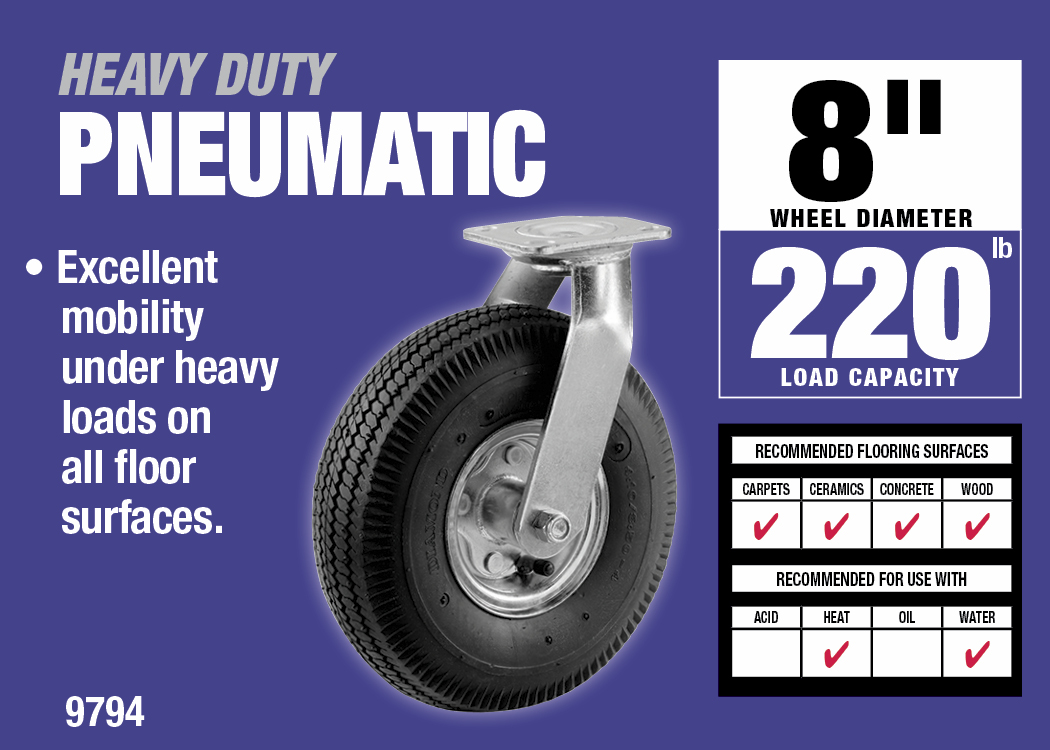 8-Inch Pneumatic Caster Wheel, Swivel Plate, Steel Hub with Ball Bearings, 5/8-Inch Bore Centered Axle