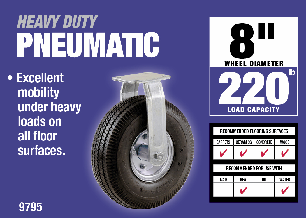 8-Inch Pneumatic Caster Wheel, Rigid Plate, Steel Hub with Ball Bearings, 5/8-Inch Bore Centered Axle