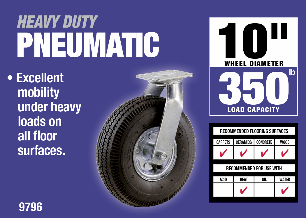 10-Inch Pneumatic Caster Wheel, Swivel Plate, Steel Hub with Ball Bearings, 5/8-Inch Bore Centered Axle