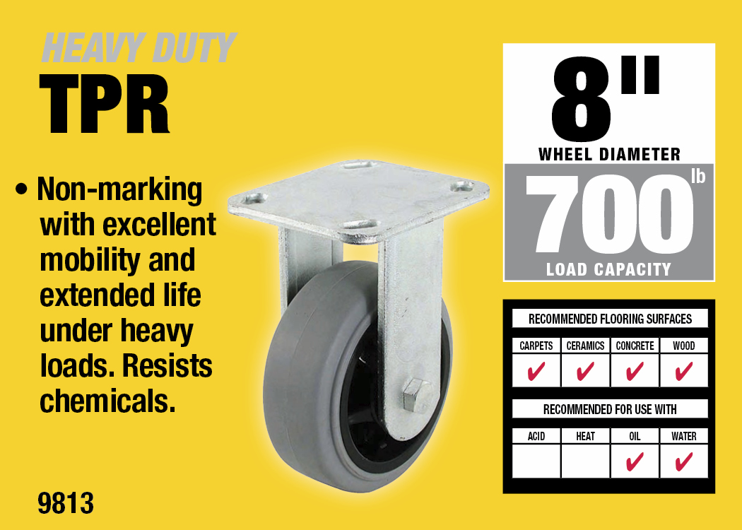 8-Inch Thermoplastic Rigid Caster, 700-lb Load Capacity