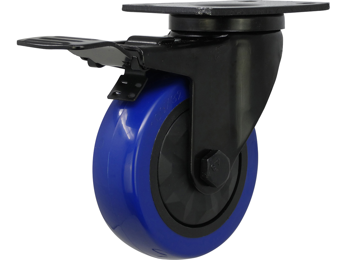 4-inch Black & Blue TPU Swivel Caster with Total Lock Brake