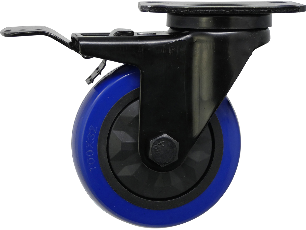 4-inch Black & Blue TPU Swivel Caster with Total Lock Brake